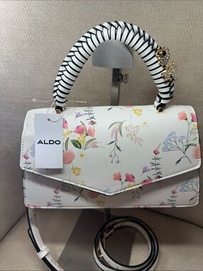 ALDO White Floral Satchel with Striped Wrapped Handle With Butterfly and Bee 🐝